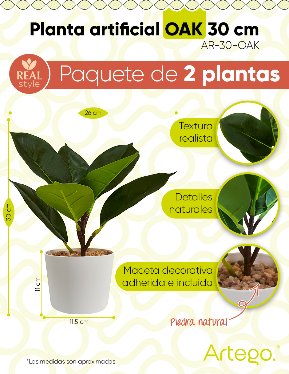 Foto 3 pulgar | Planta Artificial Decorativa Moderna Con Maceta Compacta Pack De 2 Unidades Oak De 30cm De Alto Artego