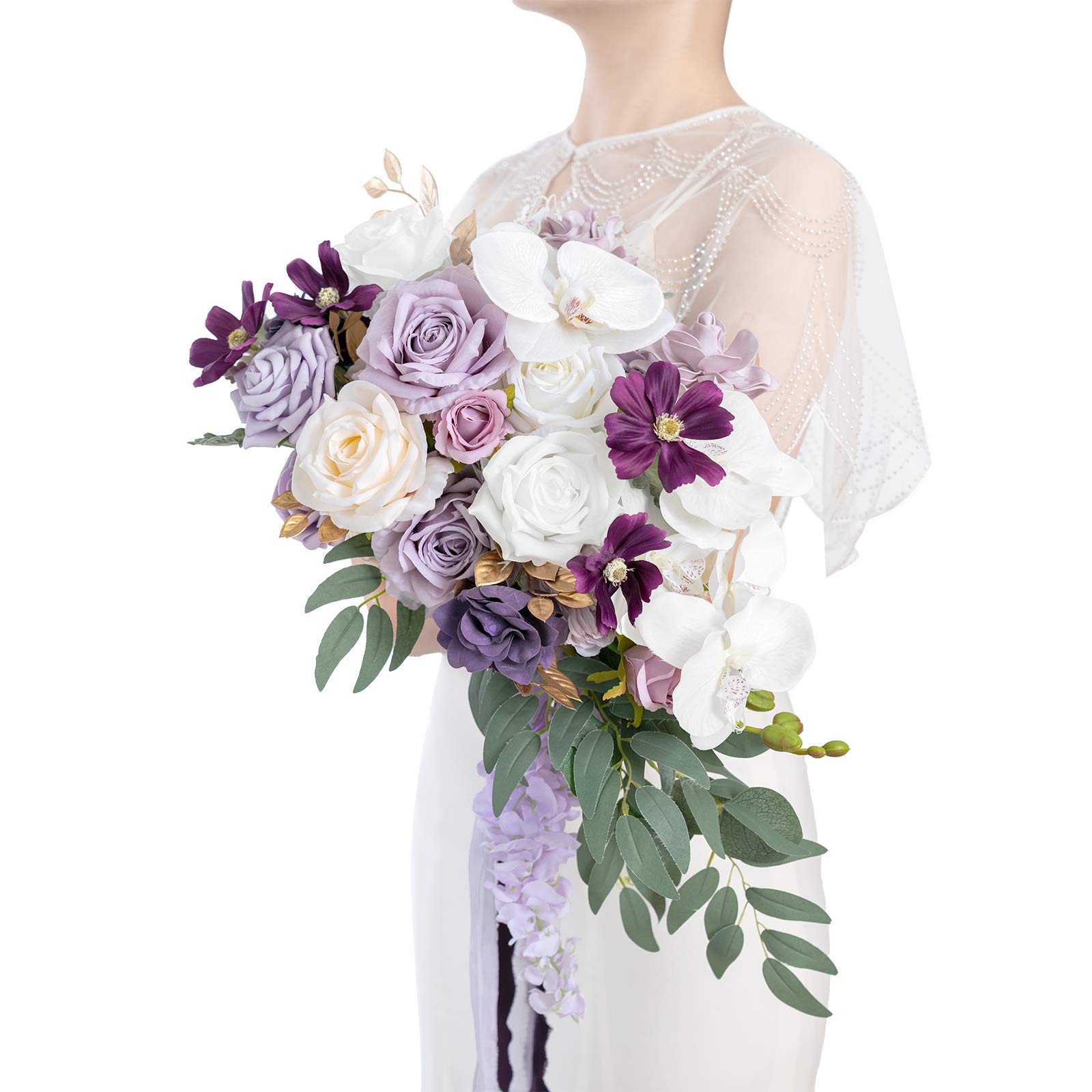 Bouquet De Novia Ling's Moment Artificial, Color Lila Y Crema, 28 Cm - Venta Internacional.