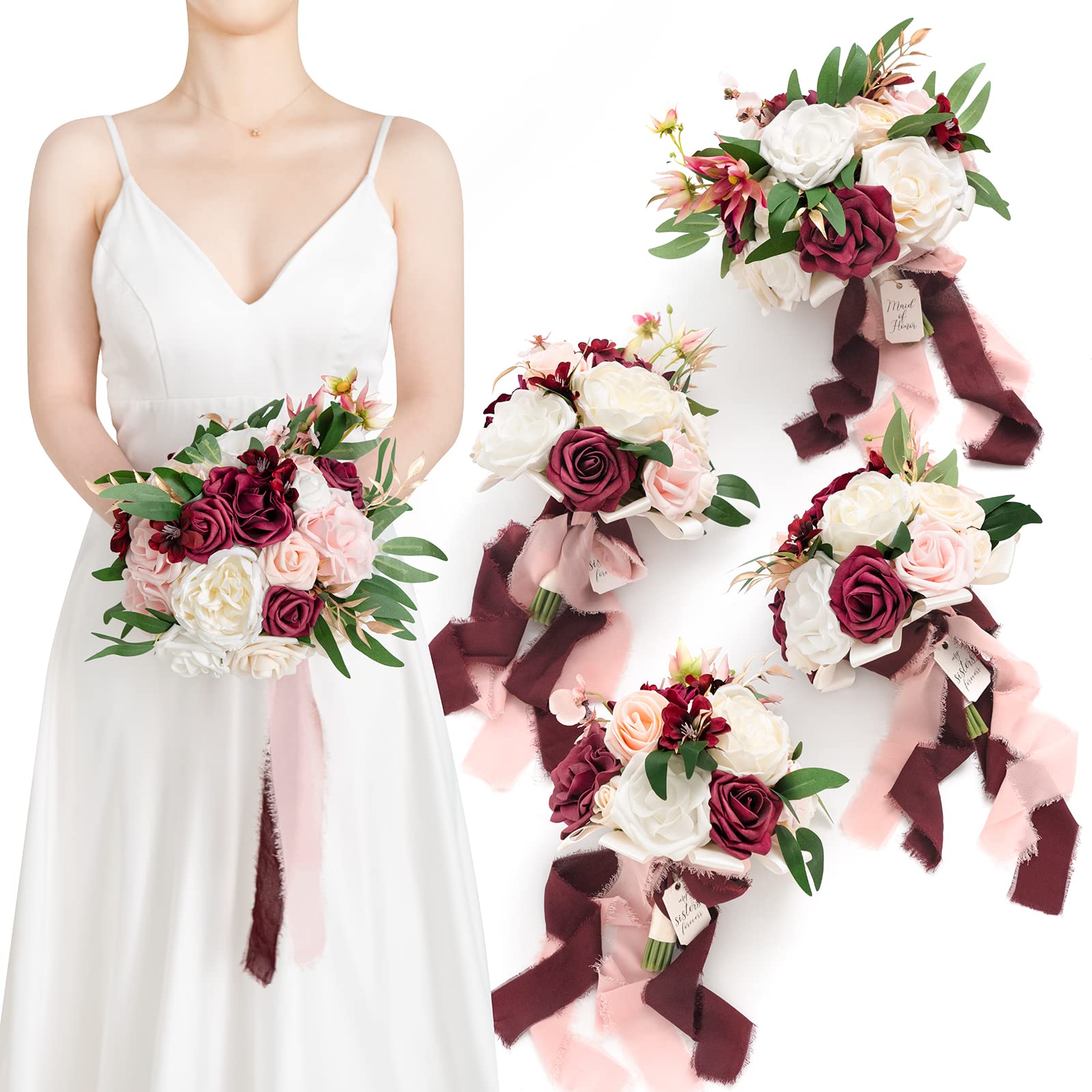 Ramo De Flores Artificiales Ling's Moment Marsala Bridesmaid - Venta Internacional.