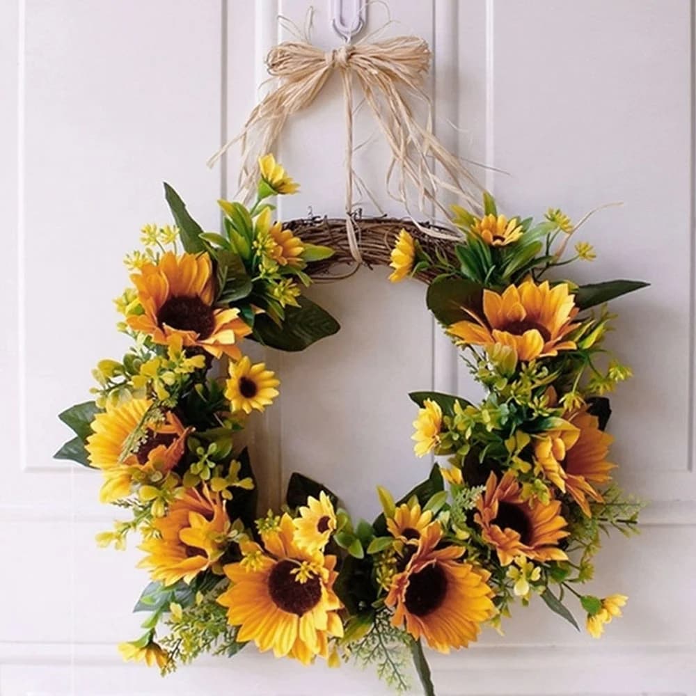 Corona Decorativa Para Puerta De Entrada Con Forma De Girasol, Hojas Verdes, 35 Cm - Venta Internacional. $742