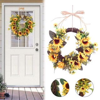 Foto 2 | Corona Decorativa Para Puerta De Entrada Con Forma De Girasol, Hojas Verdes, 35 Cm - Venta Internacional.