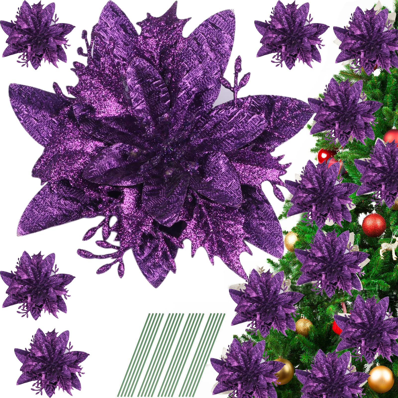 Foto 4 pulgar | Adornos Para Árbol De Navidad Yycraft Con Purpurina, Flor De Pascua, 15 Cm, 12 Unidades - Venta Internacional.