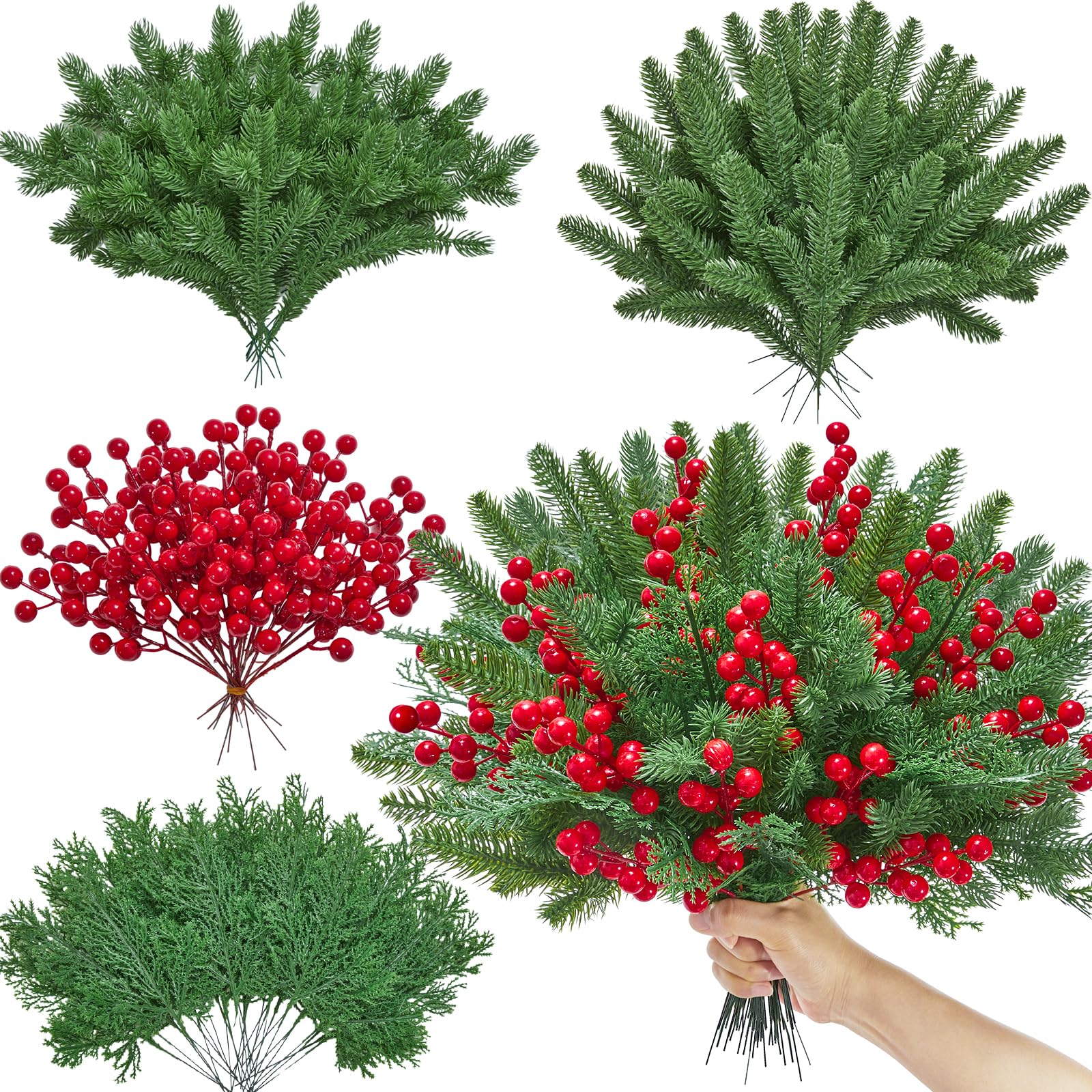 Ramas De Pino Artificiales Serwalin, 100 Unidades, Con Tallos De Bayas Rojas - Venta Internacional.