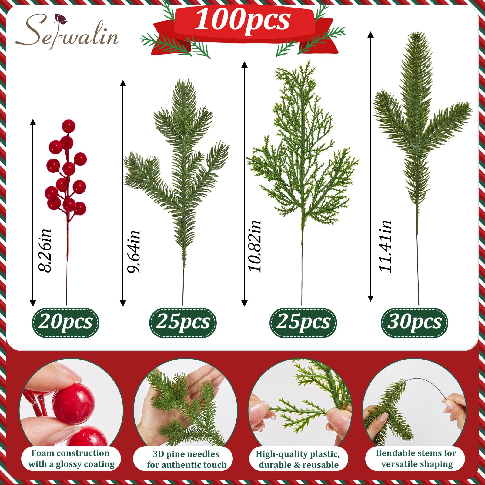 Foto 3 pulgar | Ramas De Pino Artificiales Serwalin, 100 Unidades, Con Tallos De Bayas Rojas - Venta Internacional.