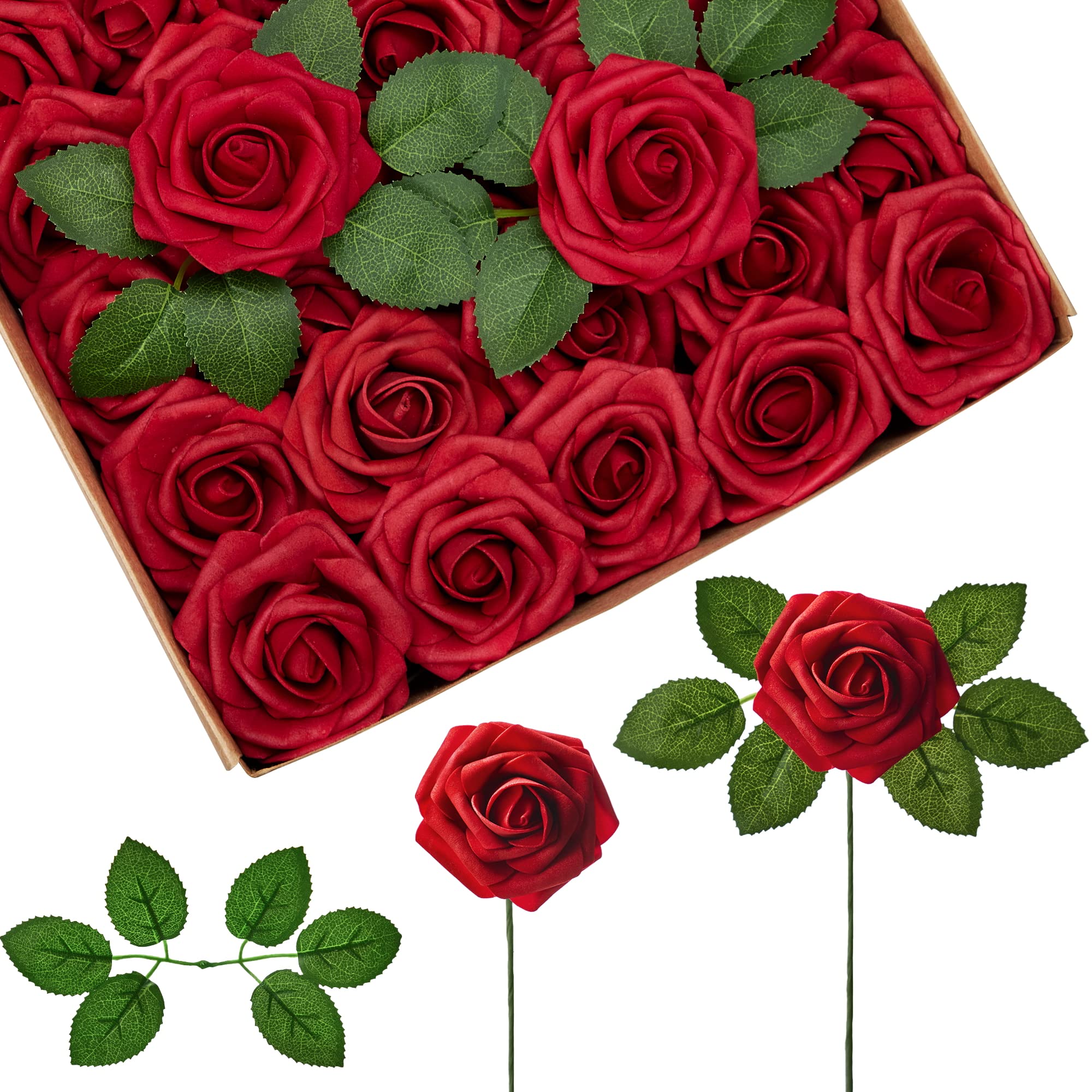 Flores Artificiales Innogear, Rosas De Espuma, Color Rojo Oscuro, 50 Unidades, Con Hojas - Venta Internacional.