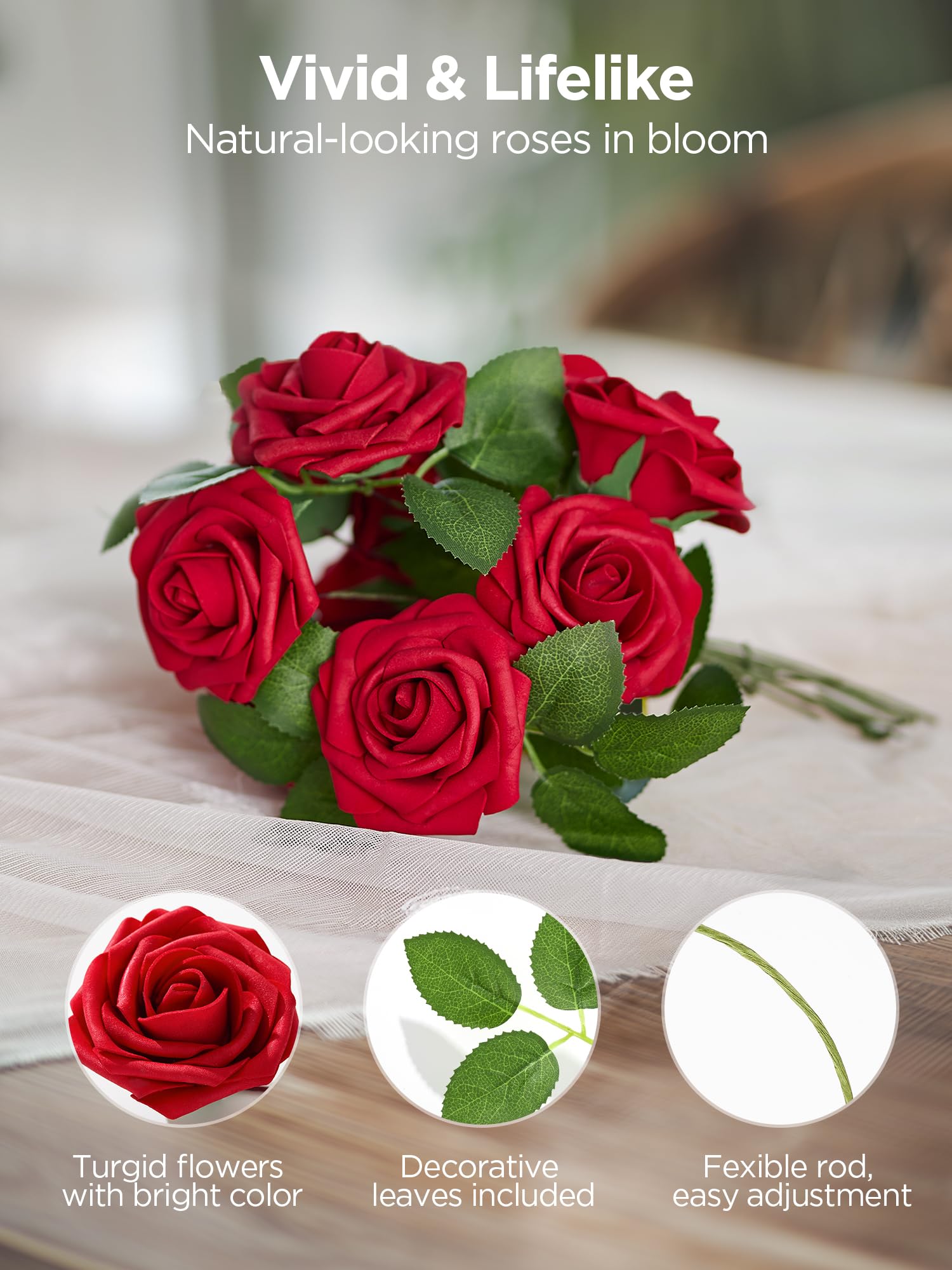 Foto 3 | Flores Artificiales Innogear, Rosas De Espuma, Color Rojo Oscuro, 50 Unidades, Con Hojas - Venta Internacional.