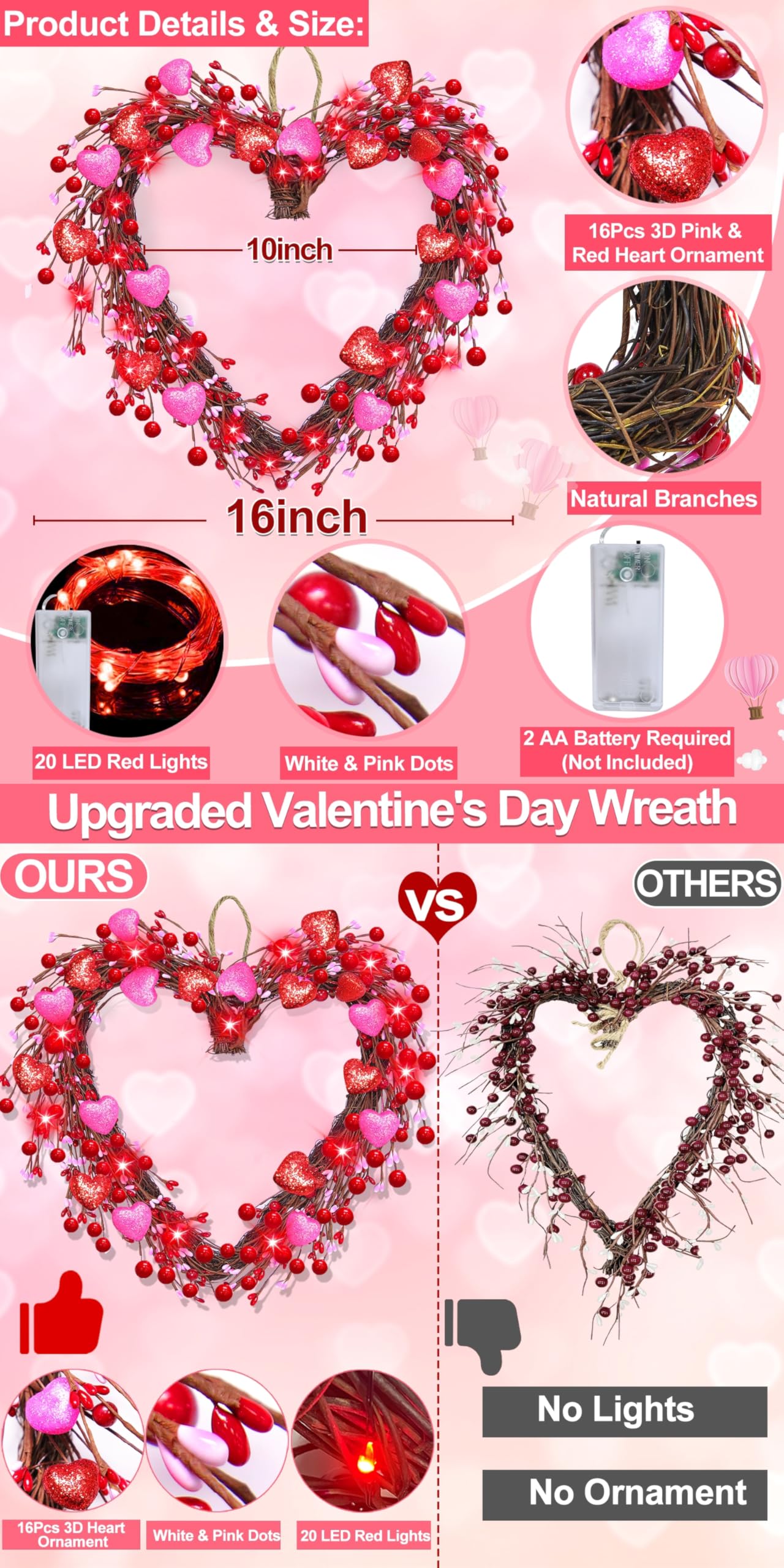 Foto 4 pulgar | Corona De San Valentín Turnmeon Con 16 Corazones Y 20 Luces Rojas - Venta Internacional.