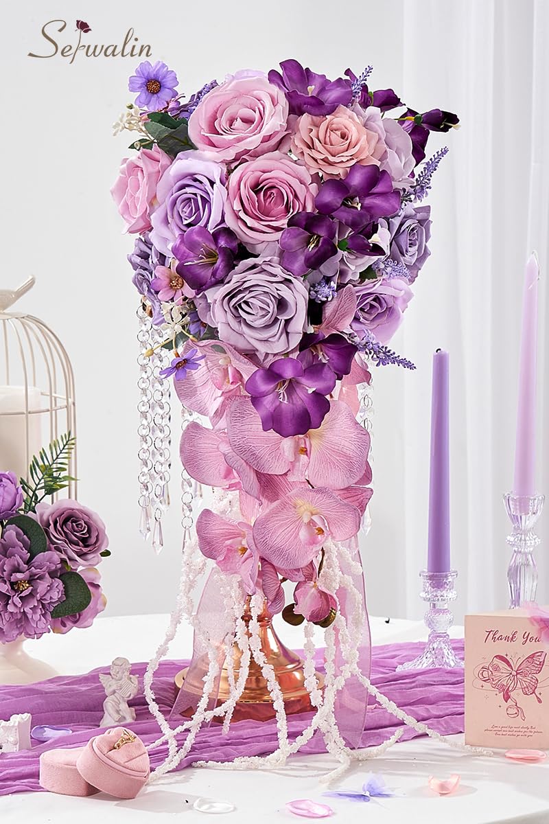 Foto 5 pulgar | Ramos De Boda Serwalin Con Flores De Espuma De Seda Moradas De 28 Cm - Venta Internacional.