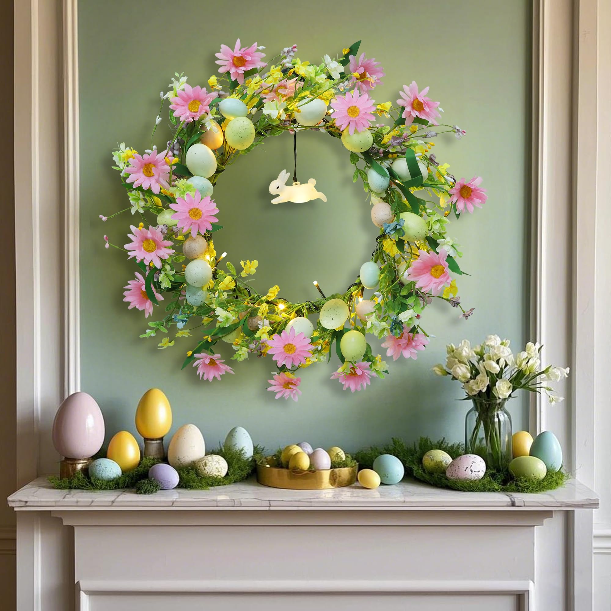 Foto 2 | Corona De Pascua Dr.dudu Iluminada De 48 Cm Con Temporizador, Conejito Y Flores - Venta Internacional.