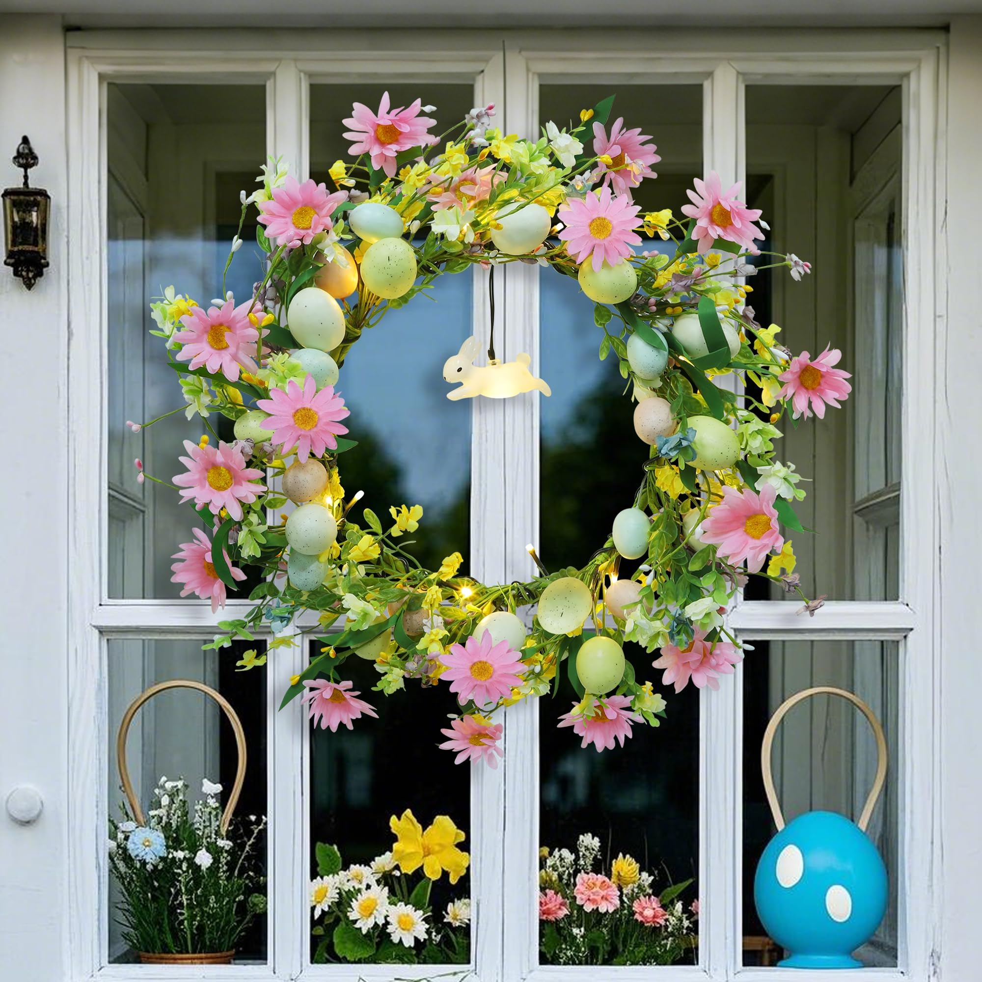 Foto 6 pulgar | Corona De Pascua Dr.dudu Iluminada De 48 Cm Con Temporizador, Conejito Y Flores - Venta Internacional.