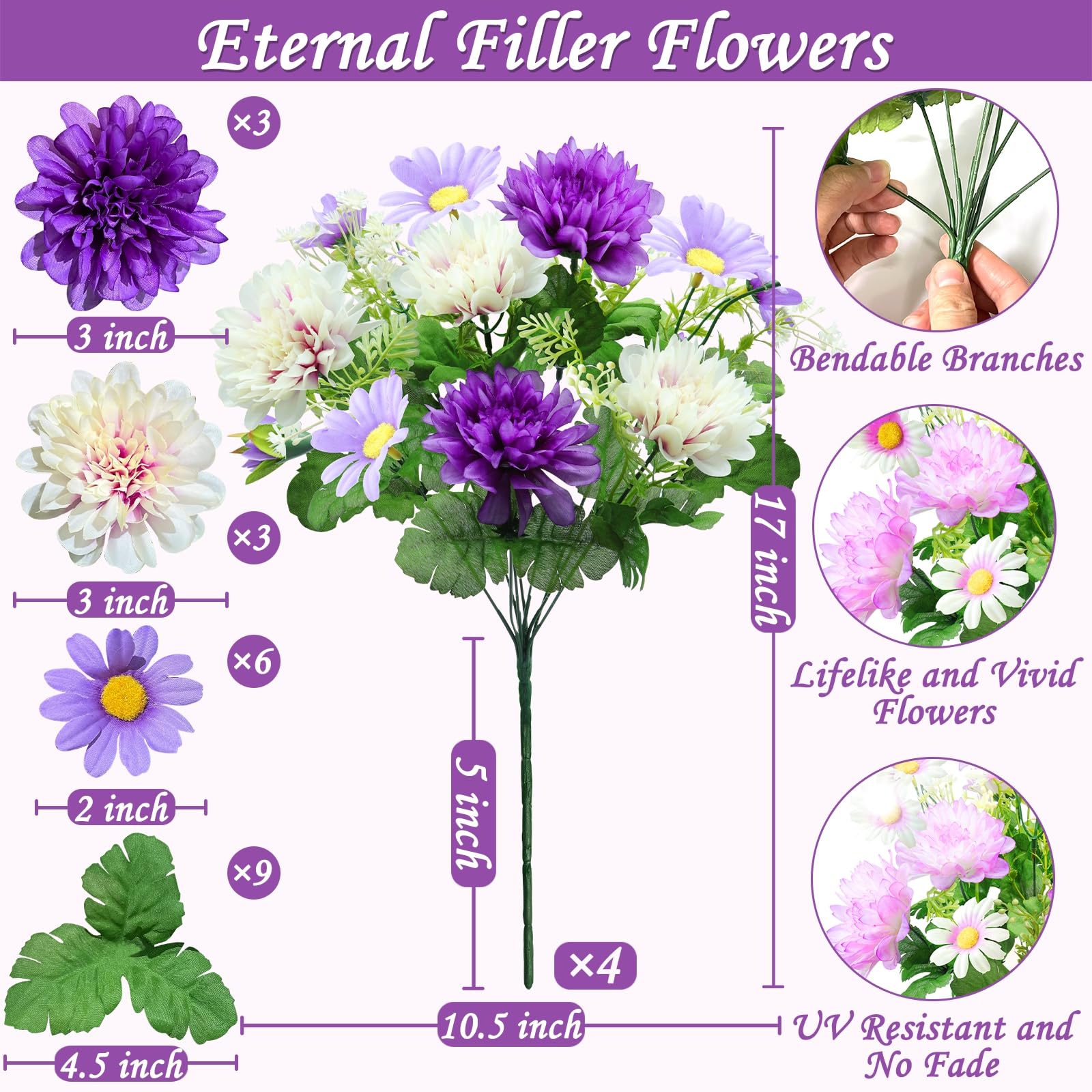 Foto 2 | Flores Artificiales Turnmeon, 48 Cabezas, Dalia, Margaritas, Color Morado - Venta Internacional.