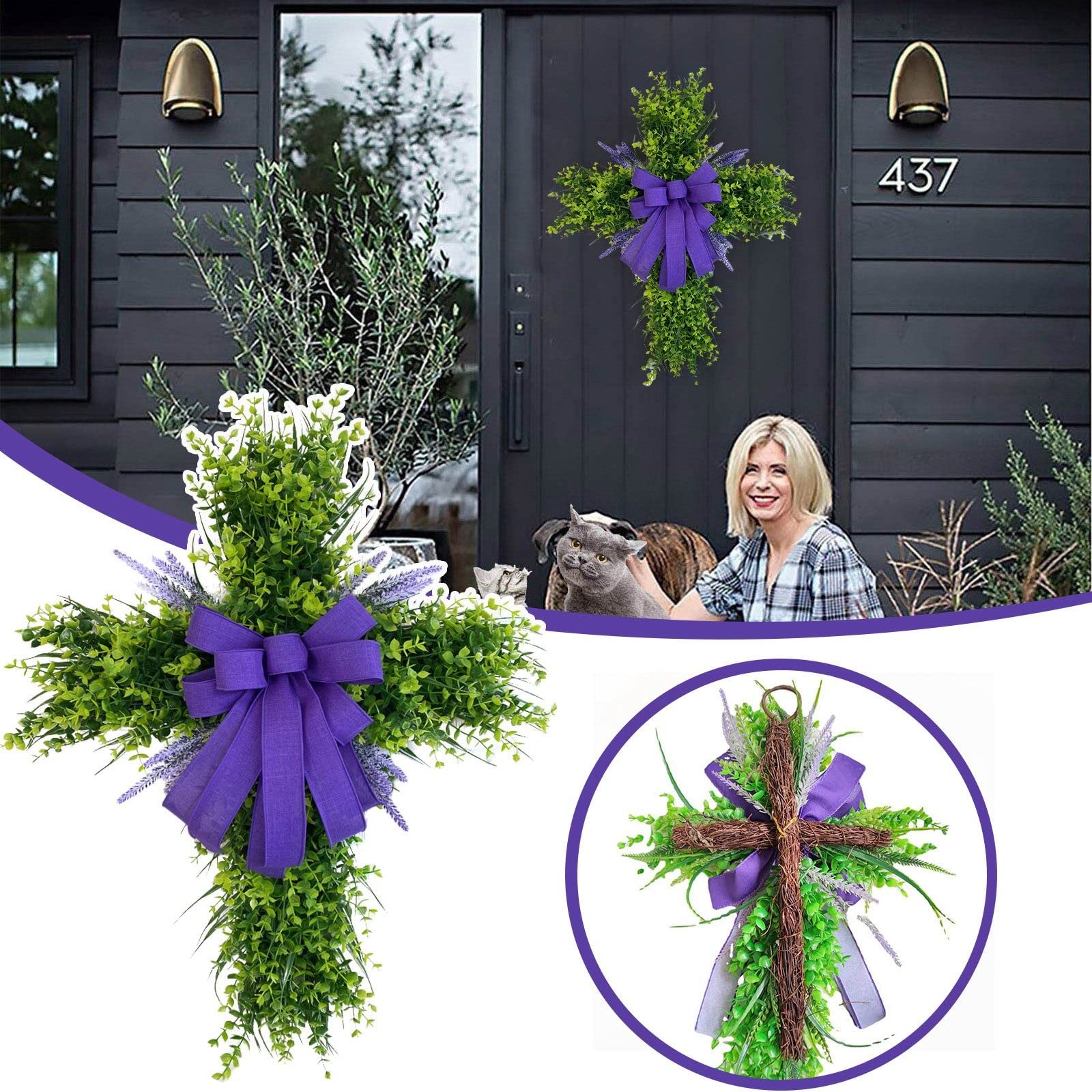 Foto 4 pulgar | Corona De Cruz De Pascua De 40 Cm Para Puerta De Entrada Con Lazo De Arpillera, Decoración Rústica - Venta Internacio