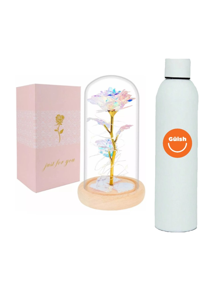 Flor Eterna De Cristal Luz Led + Termo Güish Gratis
