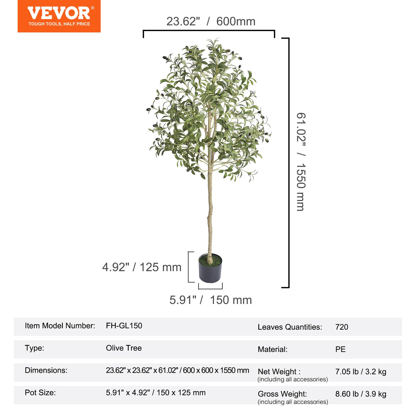 Foto 7 | Olivo Artificial Vevor De 150 Cm De Altura Con Material De Polietileno Seguro - Venta Internacional.