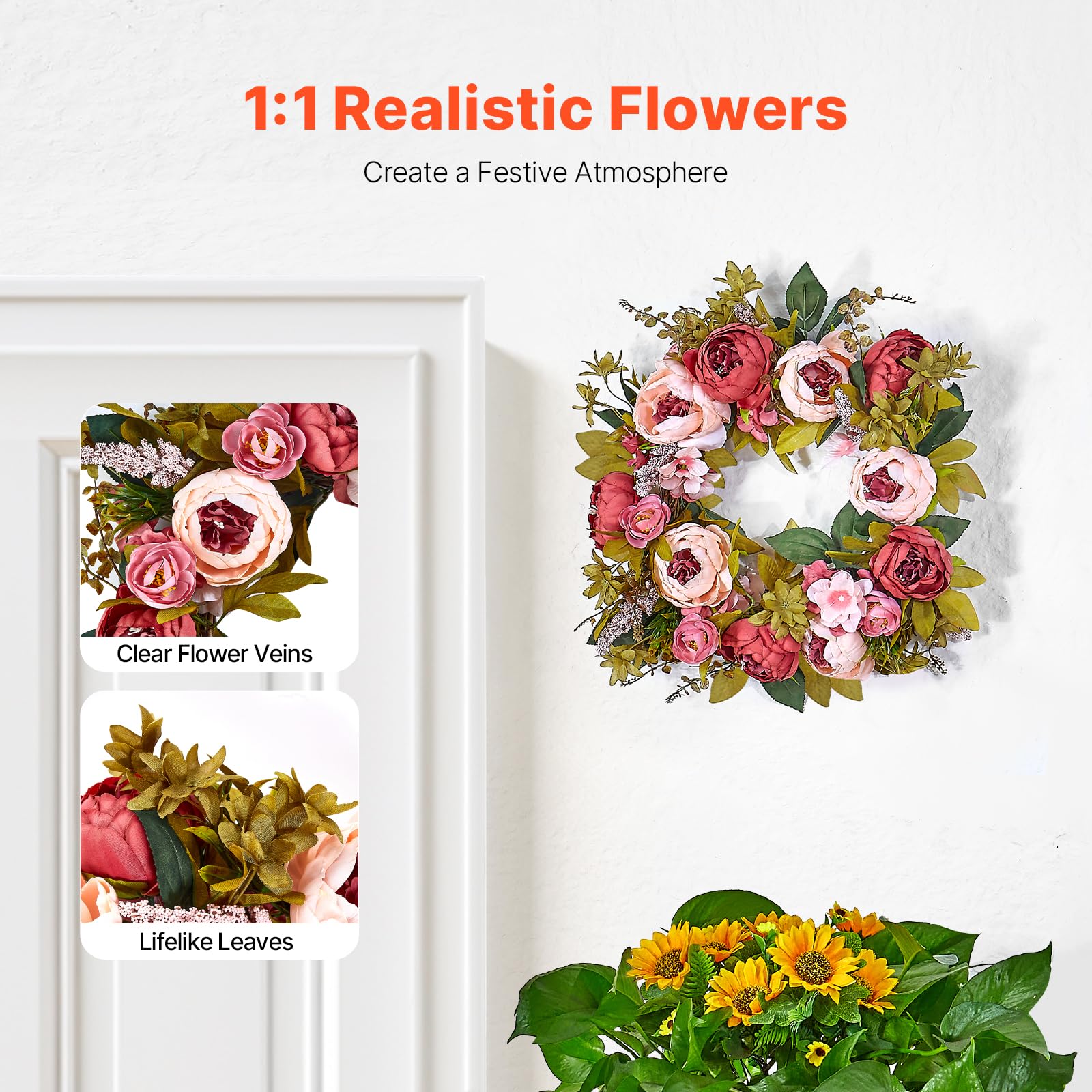 Foto 3 pulgar | Corona de Primavera VEVOR con Peonía Artificial  48 cm -Venta Internacional