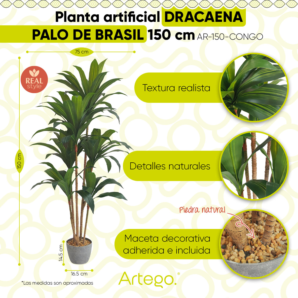 Foto 3 pulgar | Planta Artificial Moderna Con Maceta Decorativa Real Style Congo Dracaena Palo De Brasil Grande De 150cm De Alto Artego
