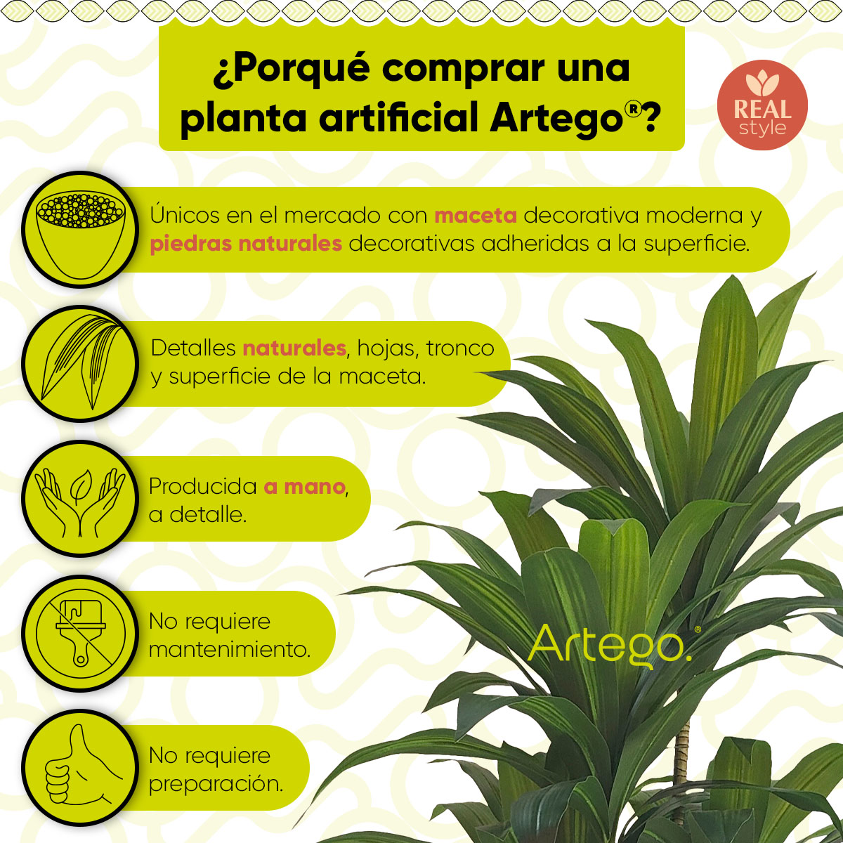 Foto 4 pulgar | Planta Artificial Moderna Con Maceta Decorativa Real Style Congo Dracaena Palo De Brasil Grande De 150cm De Alto Artego