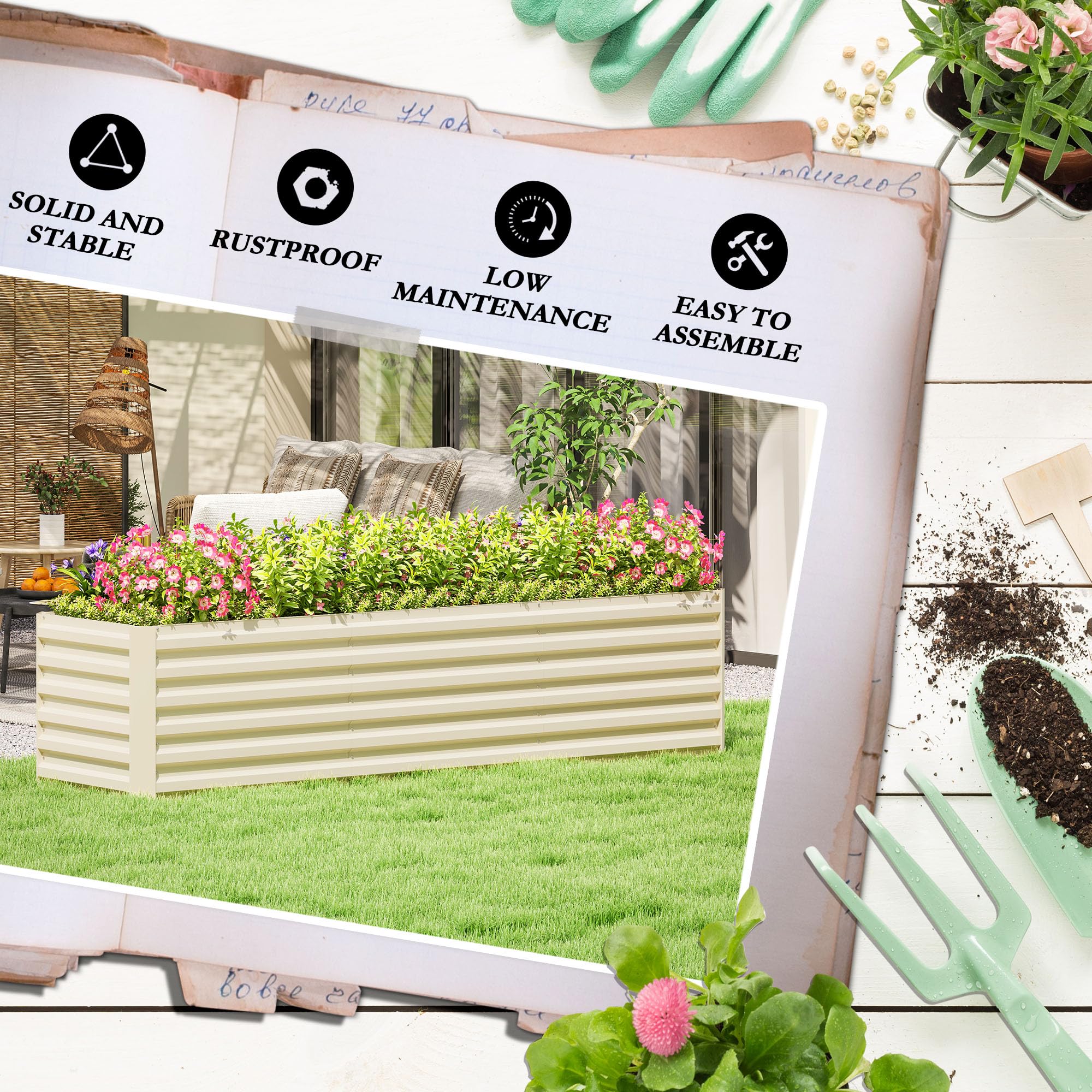 Foto 7 | Cama De Jardín Elevada Outsunny Galvanizada De 8 X 2 Pies, Color Blanco Crema - Venta Internacional.