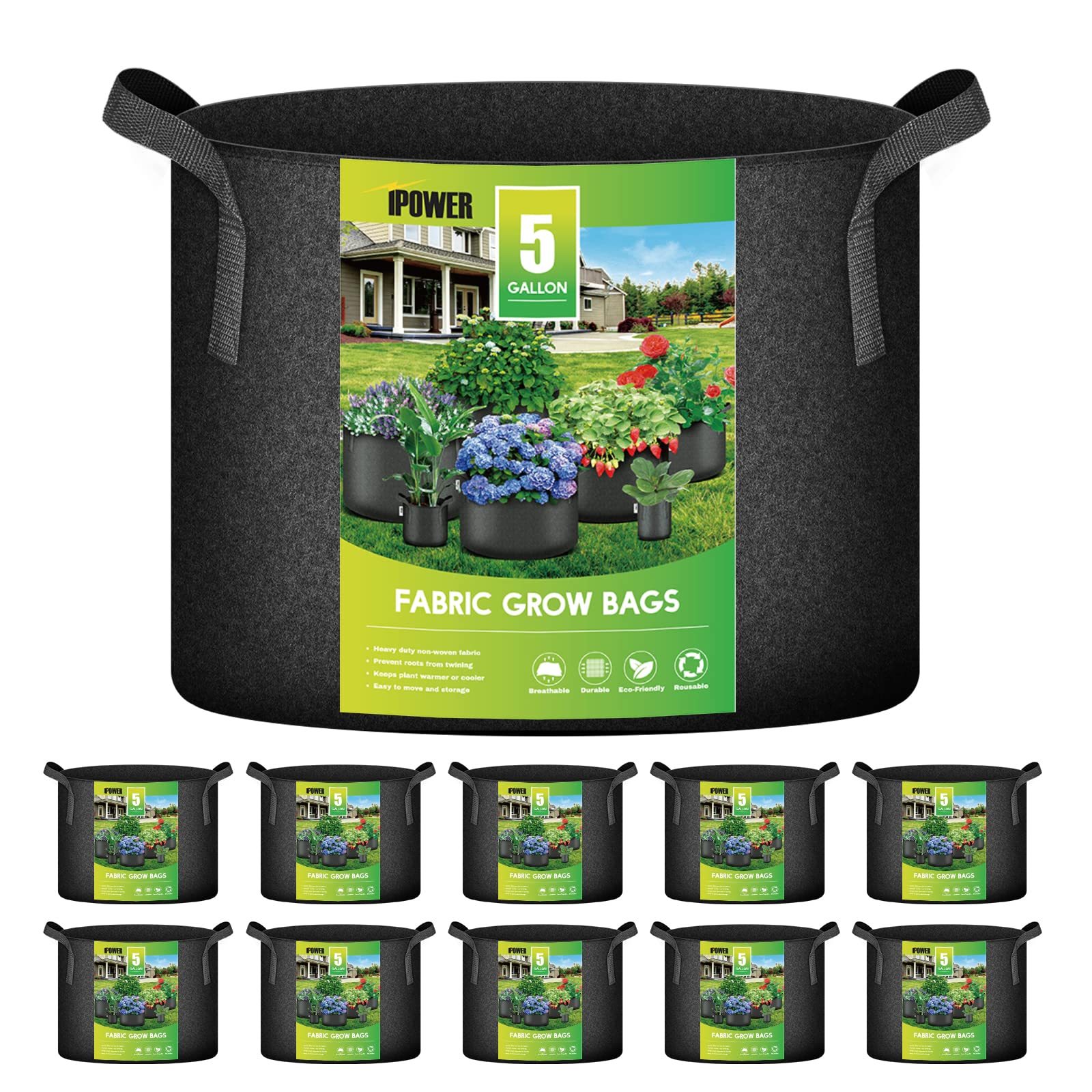 Macetas De Tela No Tejida Grow Bags Ipower De 5 Galones, Paquete De 10 Unidades, Negras - Venta Internacional.