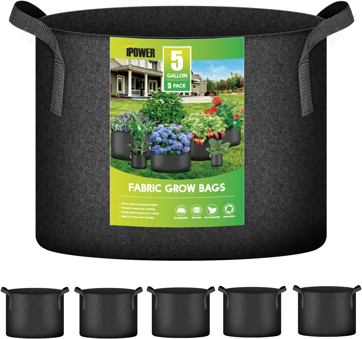 Macetas De Tela No Tejida Grow Bags Ipower, Paquete De 5 Galones, Color Negro - Venta Internacional.