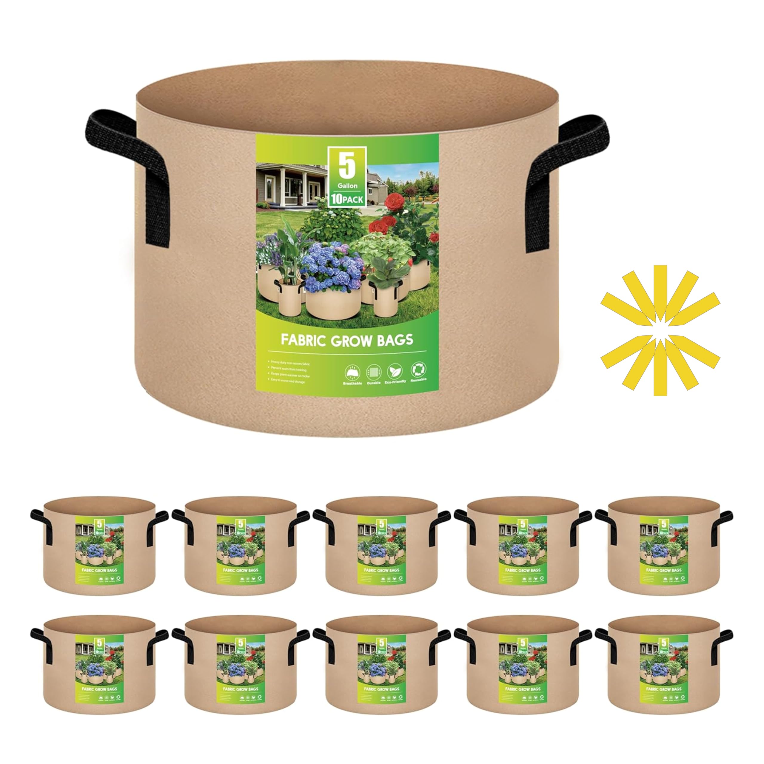 Macetas De Tela No Tejida Grow Bags Ipower De 5 Galones, Paquete De 10 Unidades, Color Canela - Venta Internacional.
