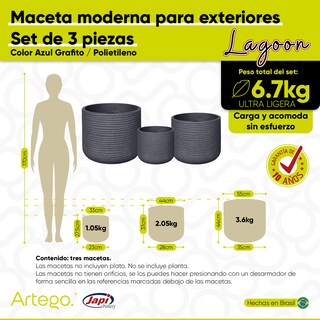 Foto 3 | Macetas Modernas Set De 3 Piezas Para Exteriores Grande Lagoon Color Azul Grafito De Polietileno Ultra Ligera Artego