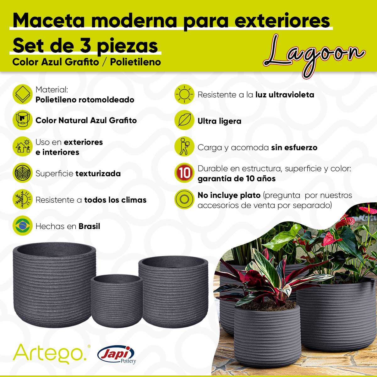 Foto 5 pulgar | Macetas Modernas Set De 3 Piezas Para Exteriores Grande Lagoon Color Azul Grafito De Polietileno Ultra Ligera Artego