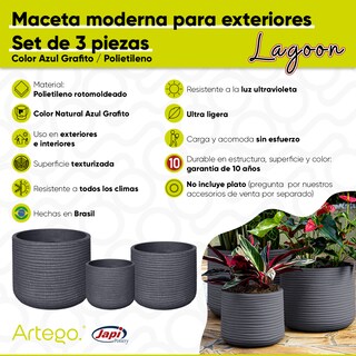 Foto 4 | Macetas Modernas Set De 3 Piezas Para Exteriores Grande Lagoon Color Azul Grafito De Polietileno Ultra Ligera Artego