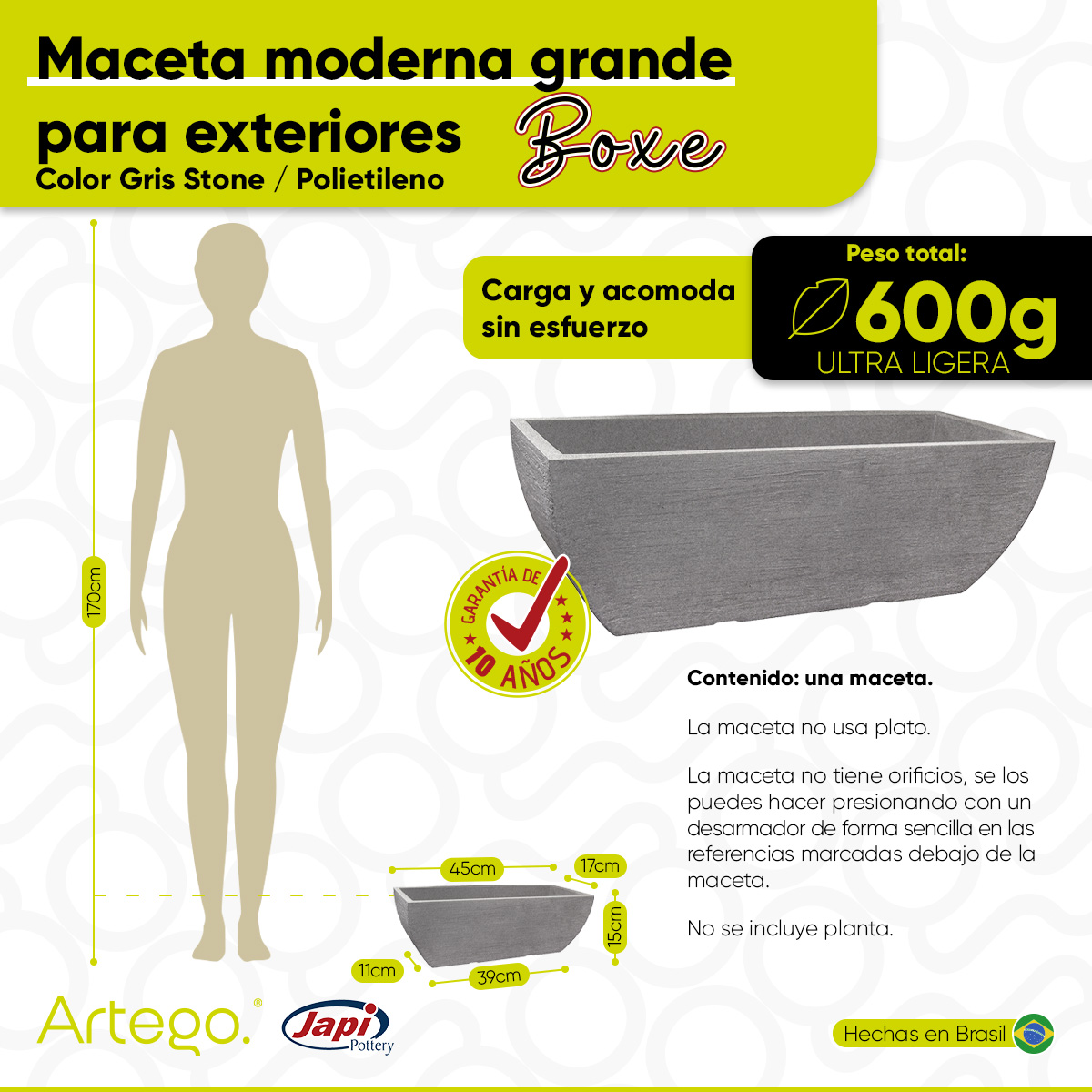 Foto 4 | Maceta Artego para Exteriores Tipo Jardinera 45 cm Gris Stone de Polietileno Ultra Ligera