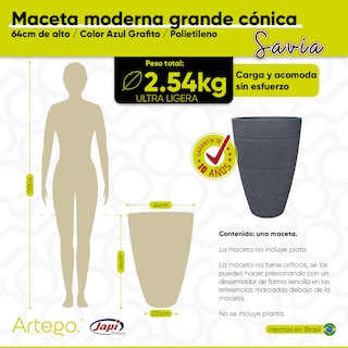 Foto 3 | Maceta Artego para Exteriores Cónica Grande 64 cm de Alto Azul Grafito Savia de Polietileno Ultra Ligera