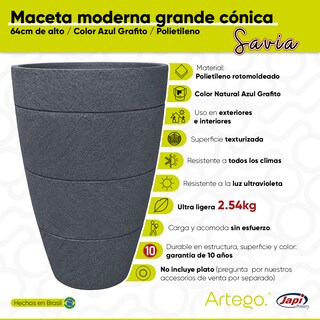 Foto 4 | Maceta Artego para Exteriores Cónica Grande 64 cm de Alto Azul Grafito Savia de Polietileno Ultra Ligera