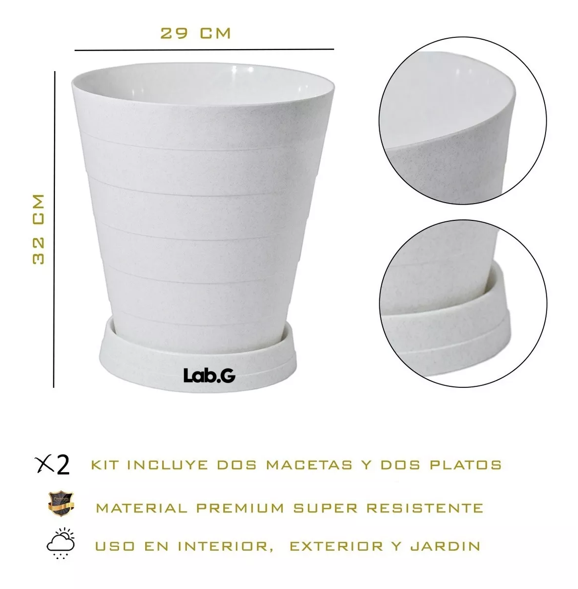 Foto 5 pulgar | 2 Macetas Grande Moderna Minimalista Interior Exterior Plato Blanco