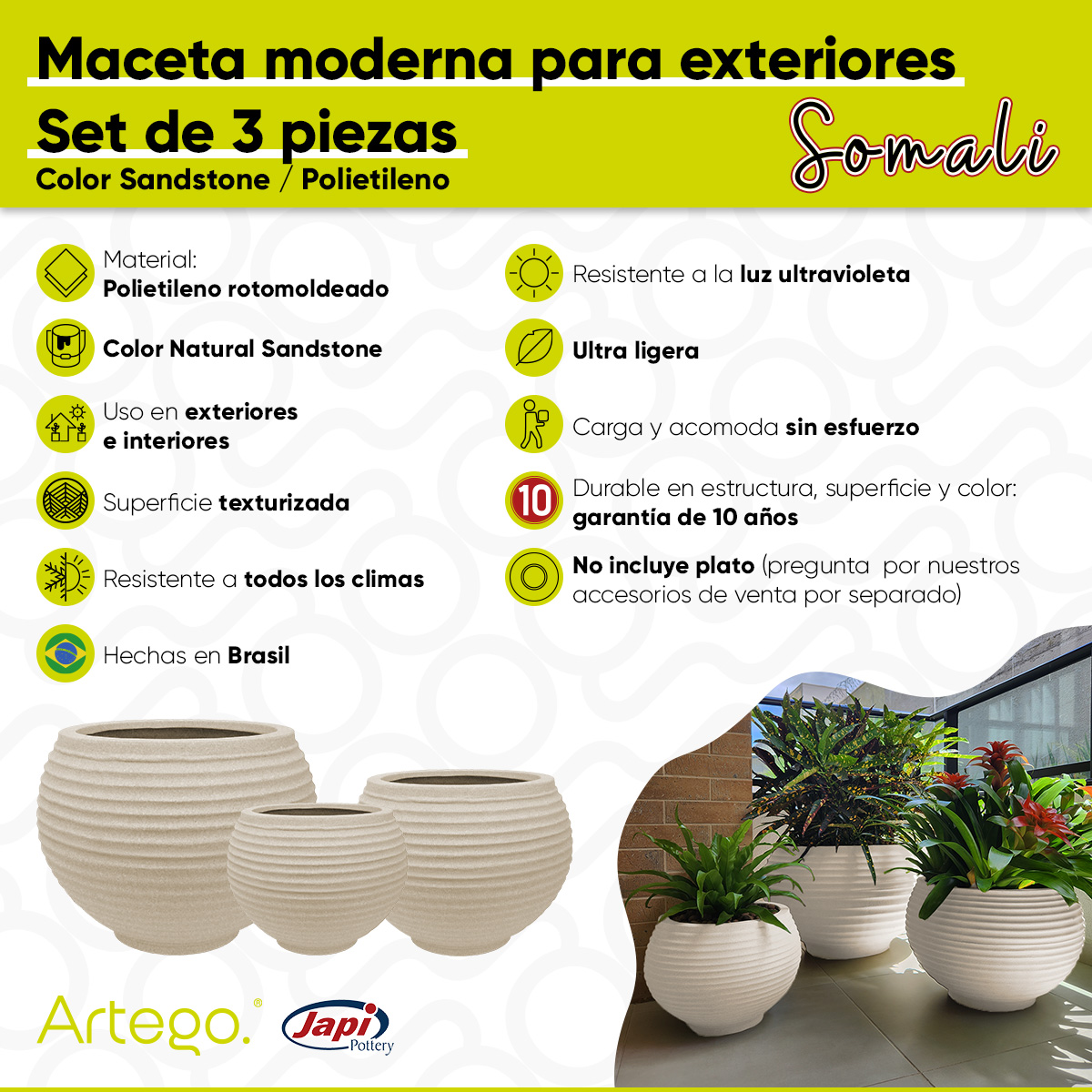 Foto 5 | Macetas para Exteriores Somali Arena 3 Piezas