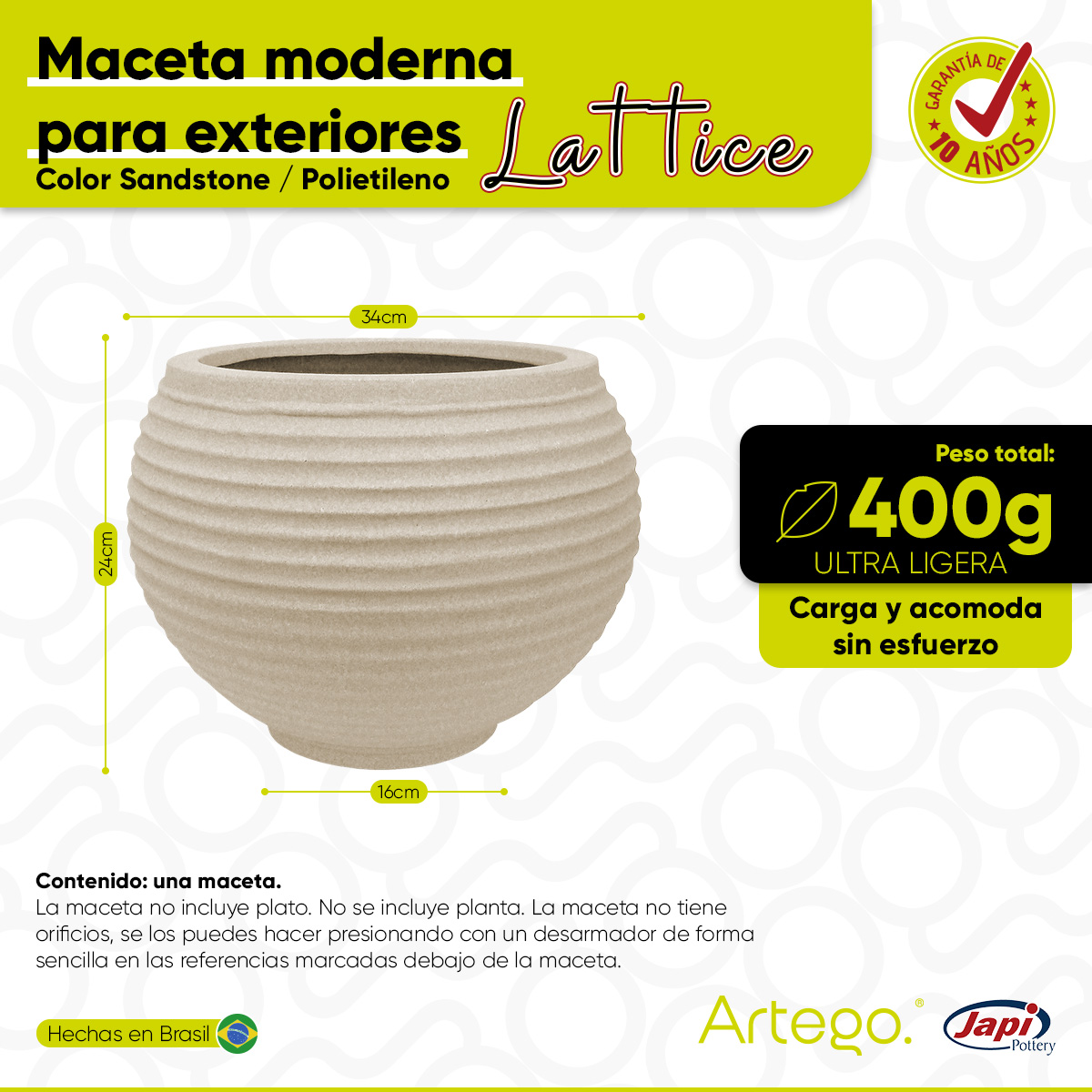 Foto 5 pulgar | Maceta Moderna Para Exteriores 24 Cm De Alto X 34 Cm De Ancho Lattice Color Arena Sandstone De Polietileno Ultra L