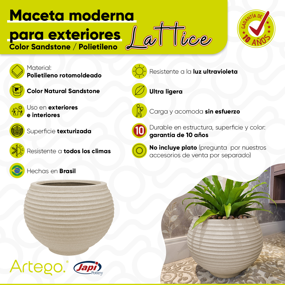 Foto 6 pulgar | Maceta Moderna Para Exteriores 24 Cm De Alto X 34 Cm De Ancho Lattice Color Arena Sandstone De Polietileno Ultra L