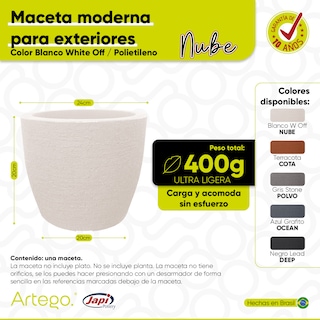 Foto 3 | Maceta Moderna Para Exteriores Compacta De 20 Cm De Alto Nube Color Blanco White Off De Polietileno Ultra Ligera Artego