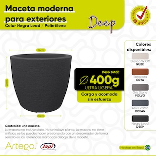 Foto 3 | Maceta Moderna Para Exteriores Compacta De 20 Cm De Alto Deep Color Negro Lead De Polietileno Ultra Ligera Artego