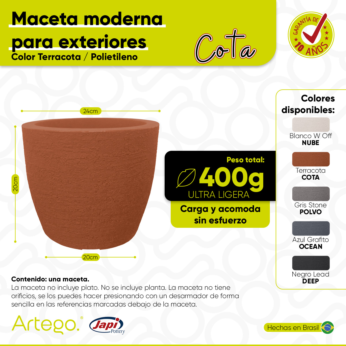 Foto 4 pulgar | Maceta Moderna Para Exteriores Compacta De 20 Cm De Alto Cota Color Terracota De Polietileno Ultra Ligera Artego