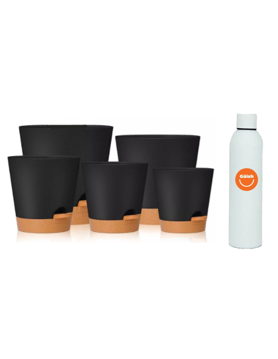 Set De 5 Macetas De Plástico Con Drenaje + Termo Güish Gratis