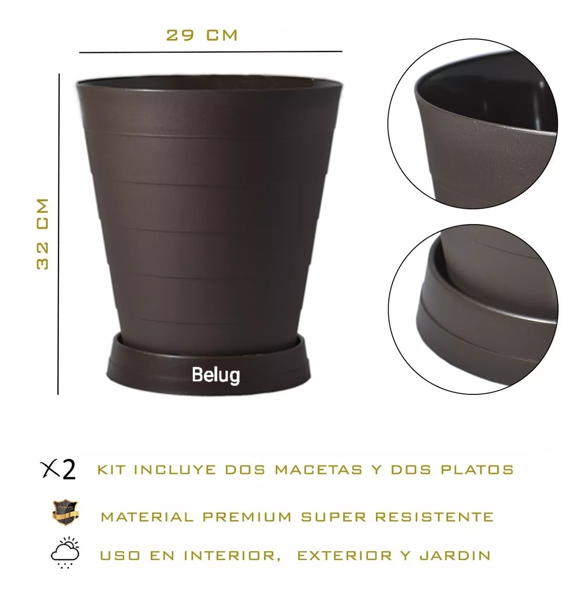 Foto 5 pulgar | 2 Macetas Grandes Belug  Moderna Minimalista Interior Exterior Plato Café