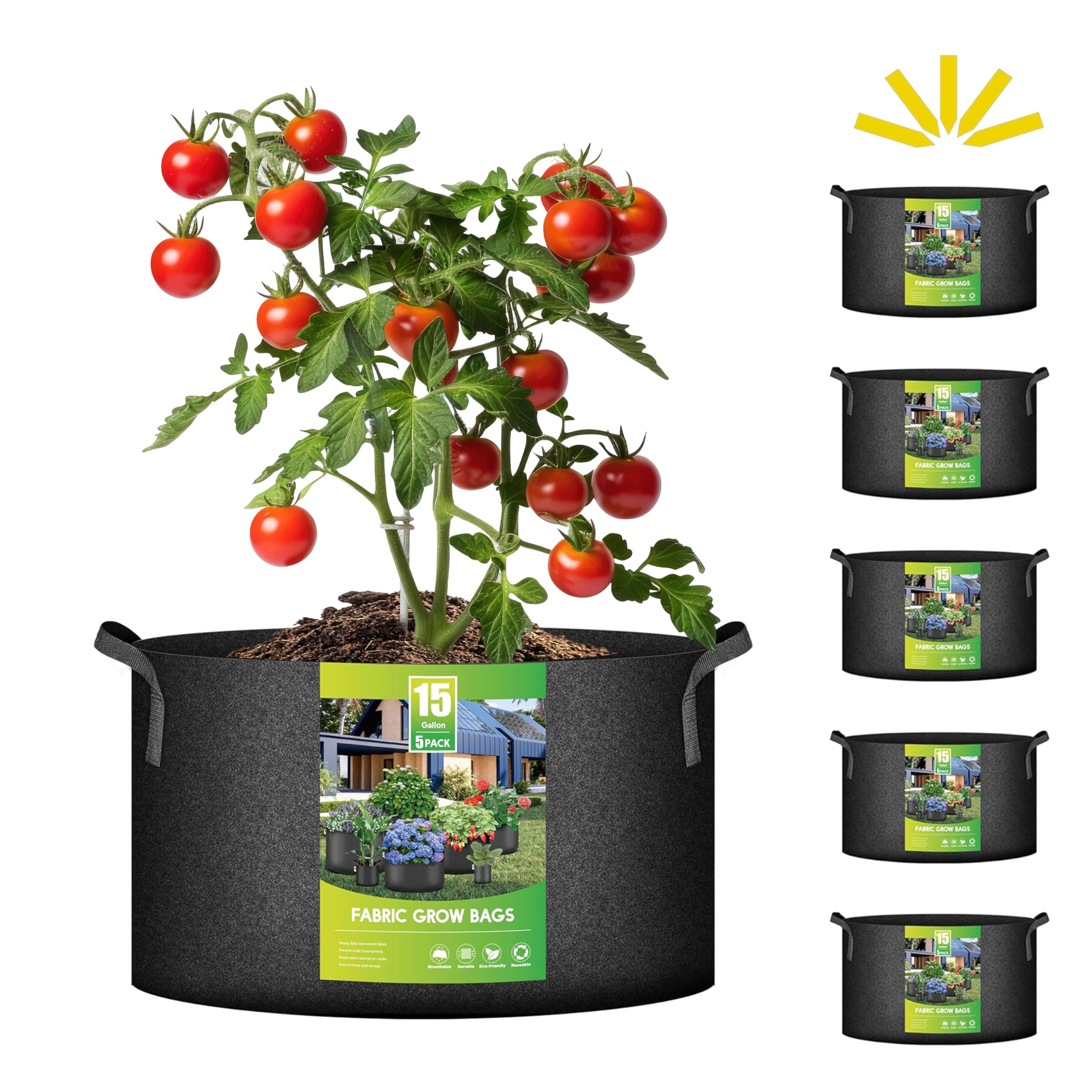Paquete De 5 Unidades De Tela No Tejida Grow Bags Ipower De 15 Galones (56,8 Litros) - Venta Internacional.