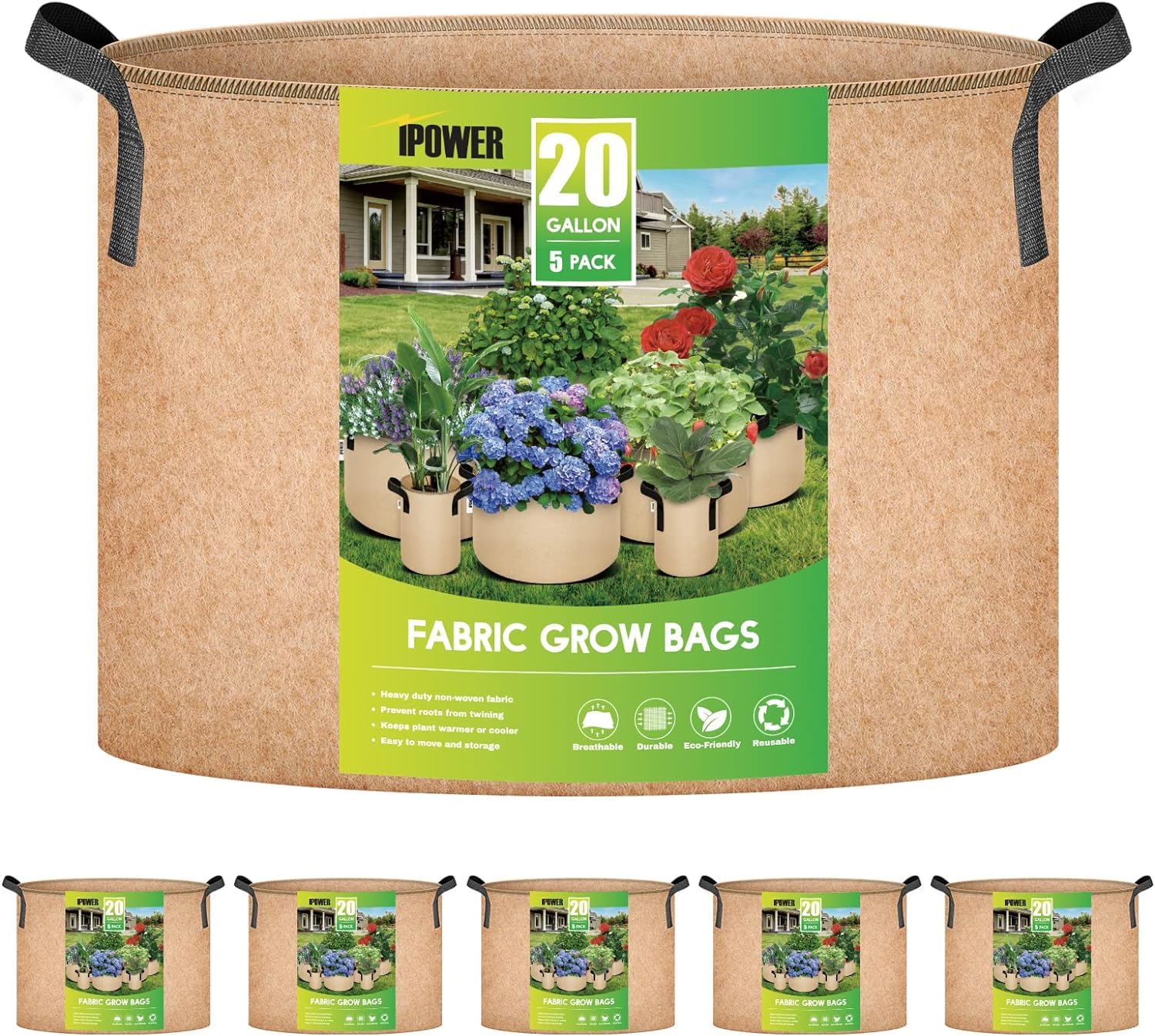 Macetas De Tela No Tejida Grow Bags Ipower De 20 Galones, Paquete De 5, Color Canela - Venta Internacional.
