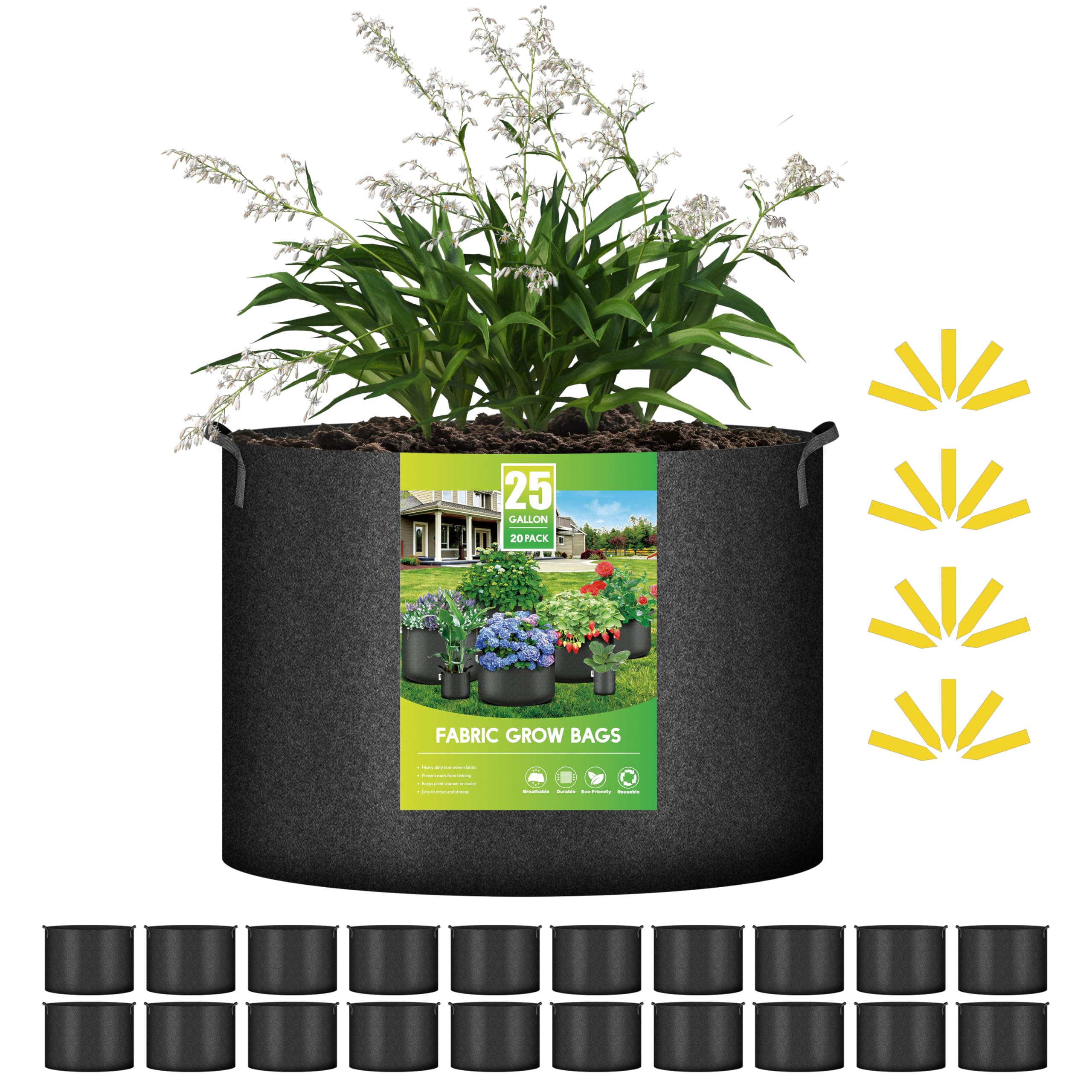 Paquete De 20 Bolsas De Cultivo Ipower De 25 Galones (94,6 Litros) Con Etiquetas Y Asa - Venta Internacional.