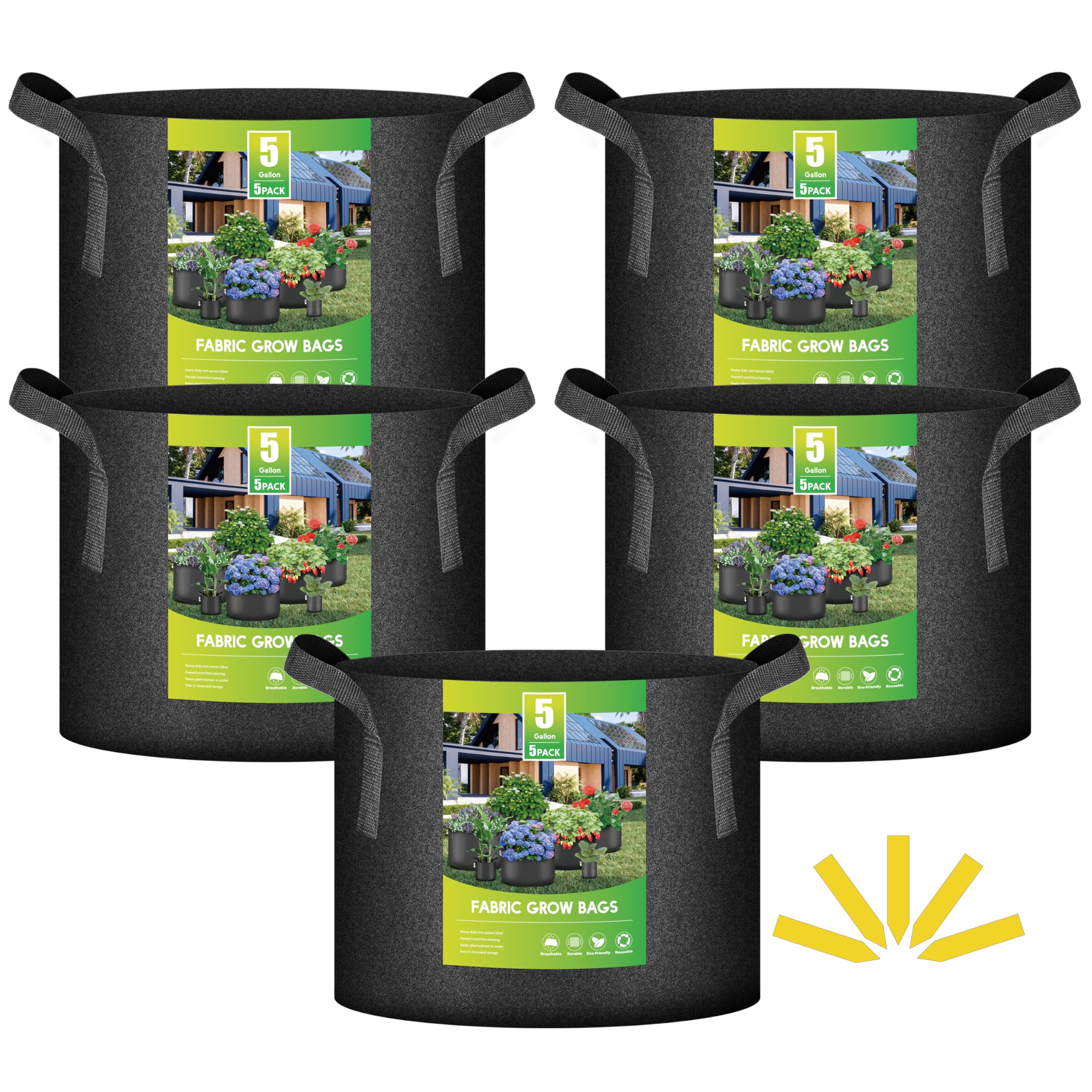 Paquete De 5 Bolsas Grow Bags Ipower, Tela No Tejida De 19 Litros Para Plantas De Jardín - Venta Internacional.