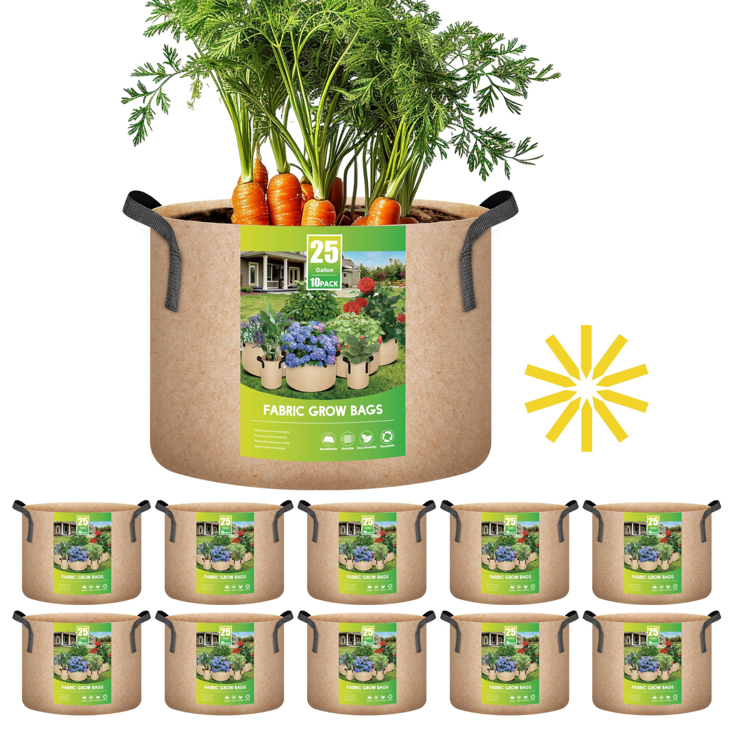 Grow Bags Ipower De 25 Galones (94,6 Litros), Paquete De 10 Con Etiquetas, Color Canela - Venta Internacional.