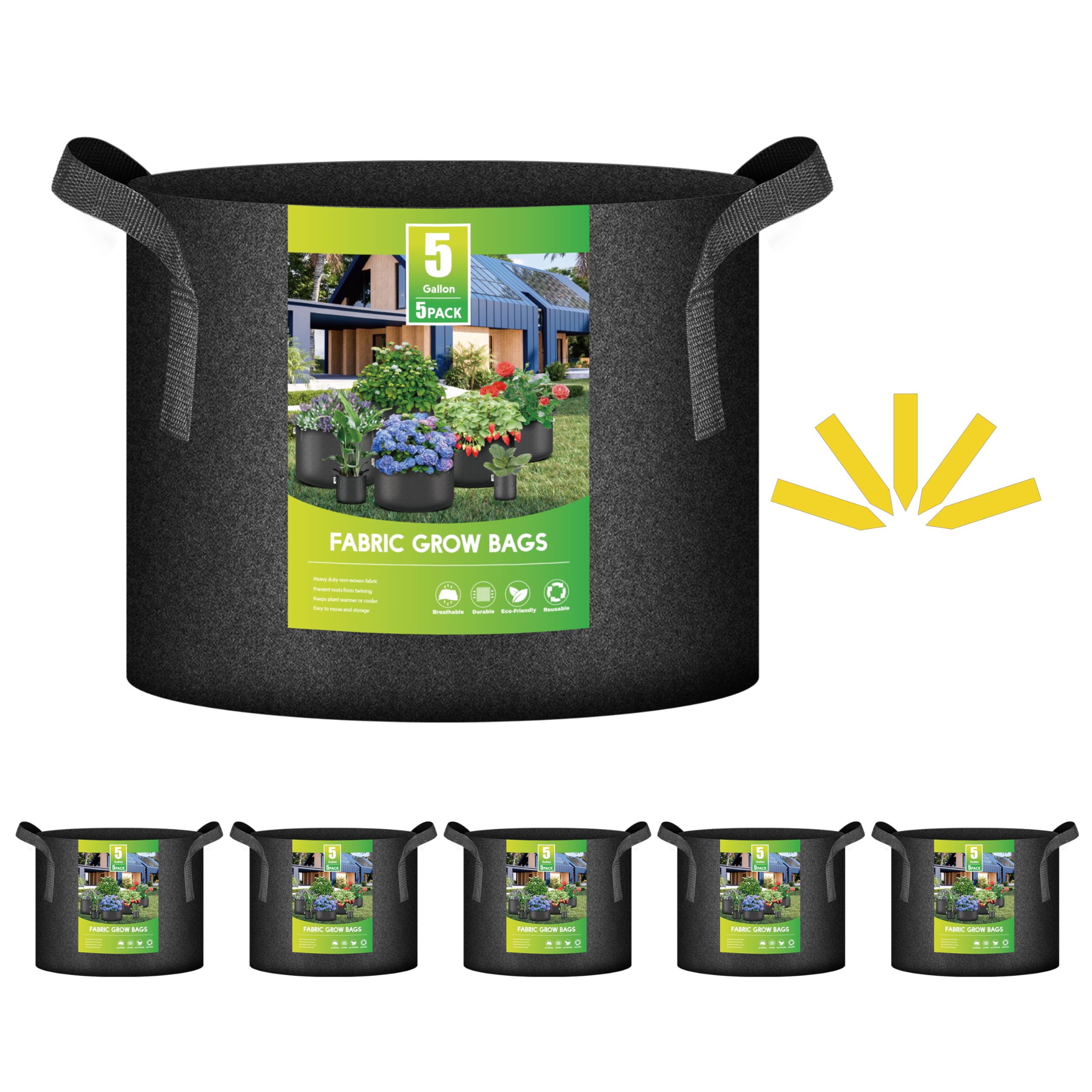 Macetas De Tela No Tejida Grow Bags Ipower De 19 Litros, 5 Galones, Paquete De 5 - Venta Internacional.