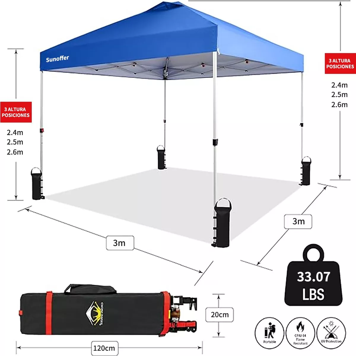 Foto 3 pulgar | Toldo Carpa Impermeable Plegable Acero 3x3m Bolsa De Peso Eo Safe Imports Esi-16374 Multicolor