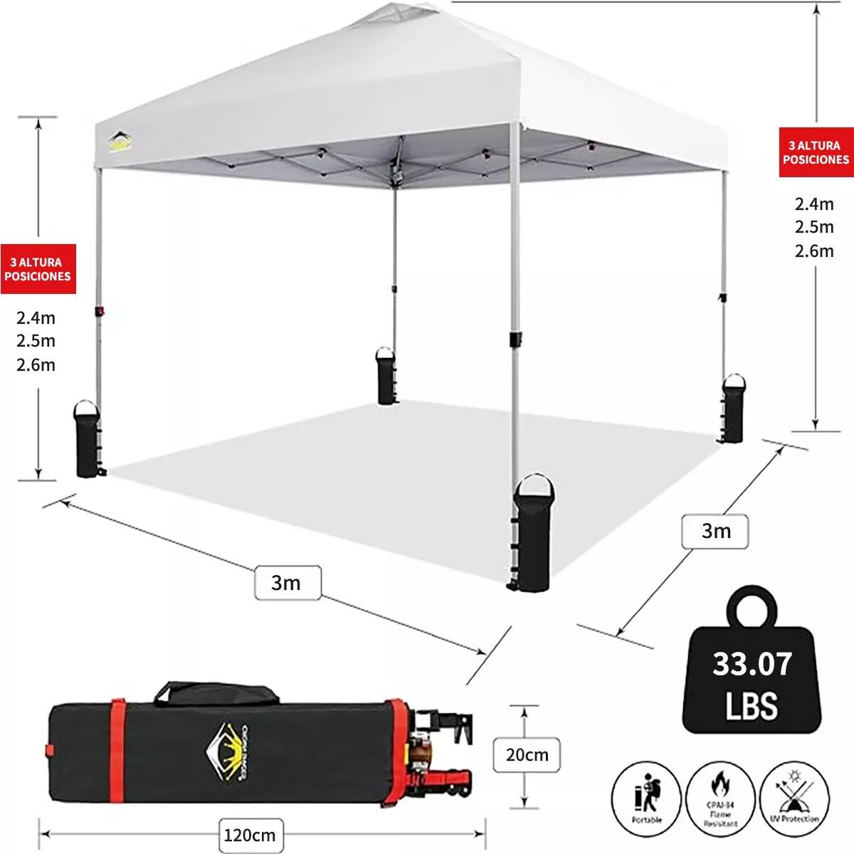 Foto 3 | Toldo Carpa Impermeable Plegable Acero 3x3m Bolsa De Peso Eo Safe Imports  Esi-16375 Blanco