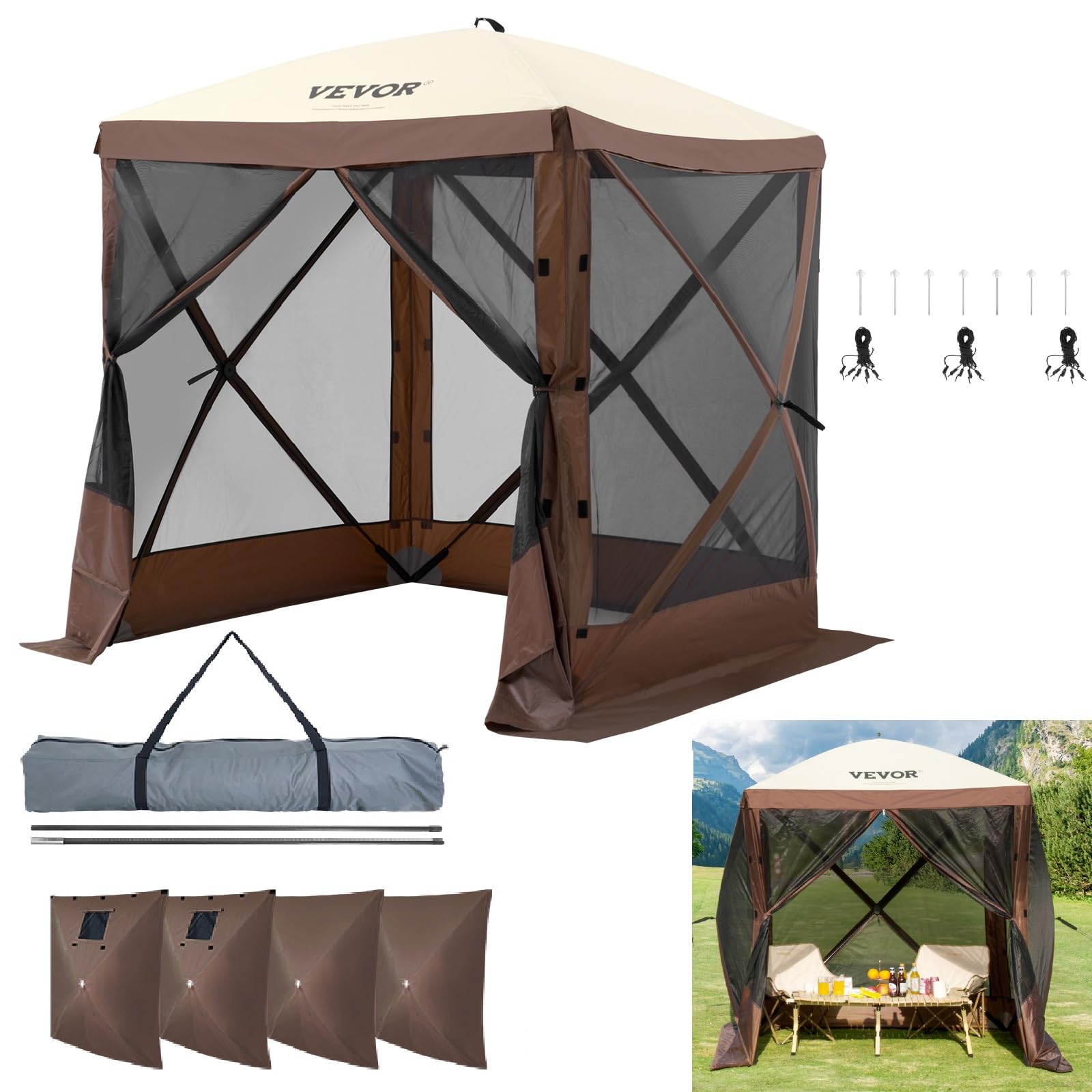 Carpa Plegable Tipo Gazebo Vevor De 6 X 6 Pies Con Paños Cortavientos De Privacidad, Color Marrón - Venta Internaciona