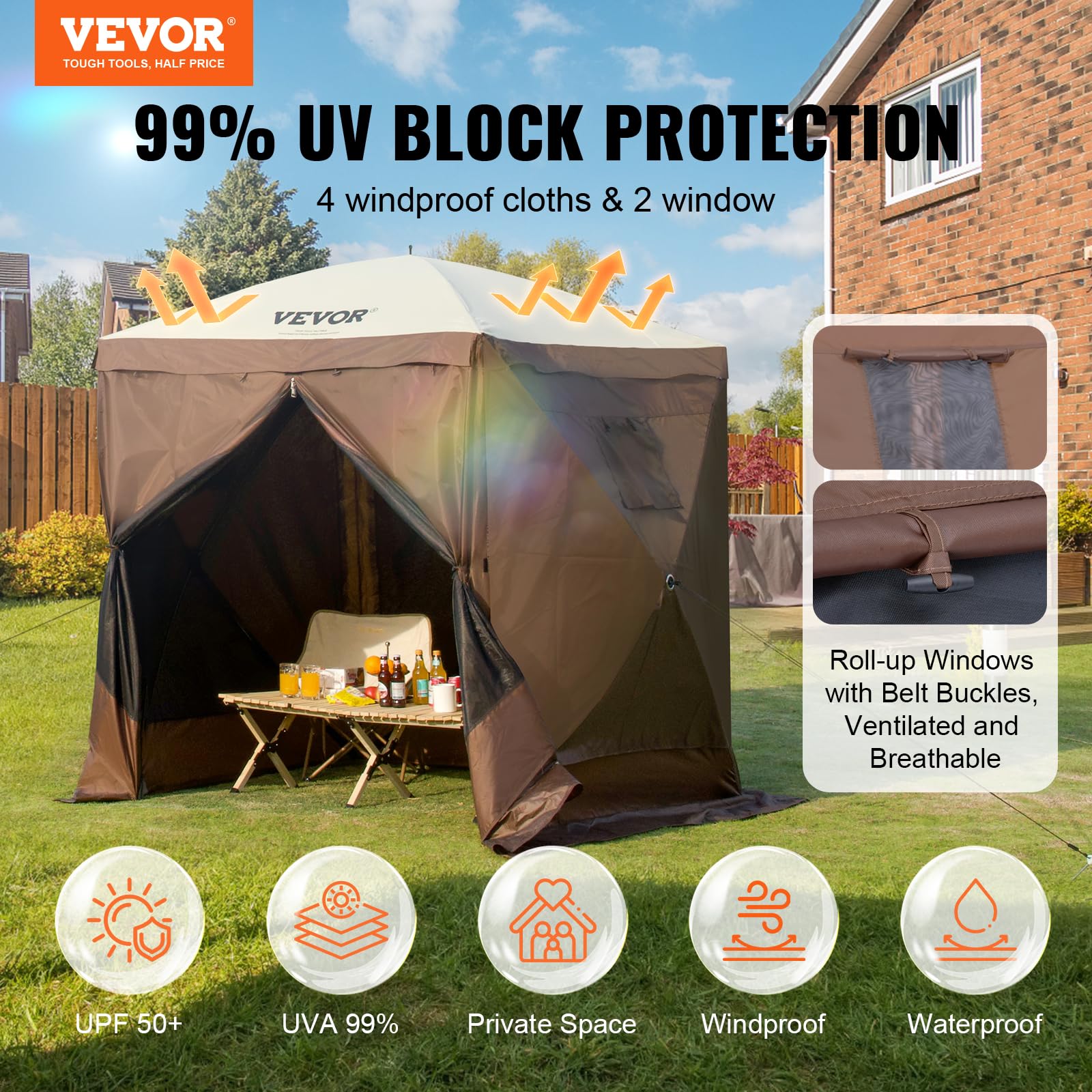 Foto 3 pulgar | Carpa Plegable Tipo Gazebo Vevor De 6 X 6 Pies Con Paños Cortavientos De Privacidad, Color Marrón - Venta Internaciona